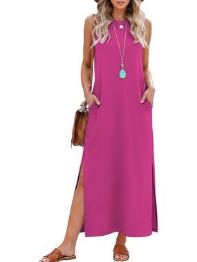 Women's Hot Pink Summer Maxi Long Dress Sleeveless Side Slit Casual With Pockets